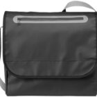 A black messenger bag with a single grey strap. It features a front flap and a horizontal zippered pocket at the top. The bag is shown against a plain white background.