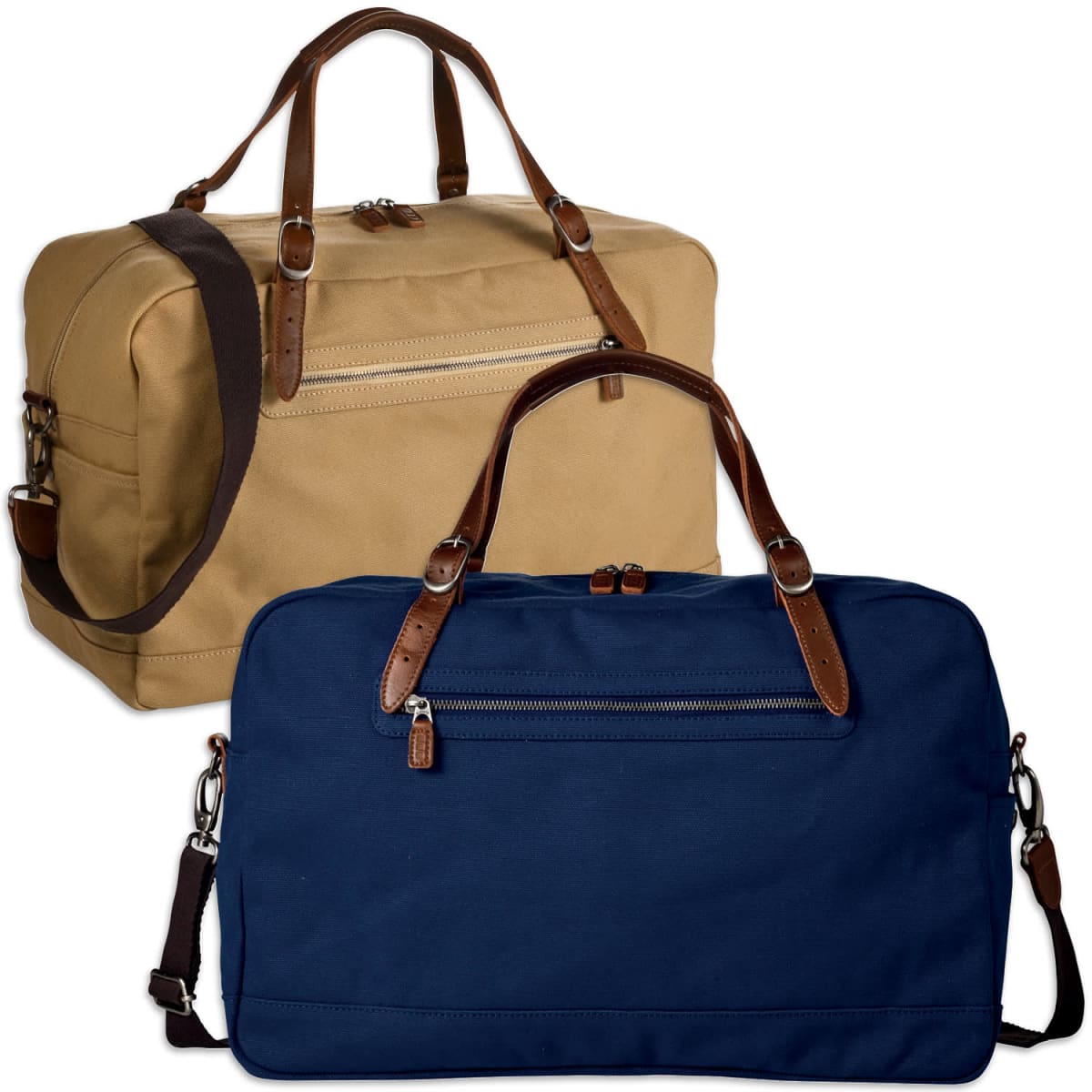 Two weekend duffel bags are displayed. The front bag is navy blue with brown leather handles and a shoulder strap. The back bag is beige with similar handles and a strap. Both bags have a front zipper pocket.