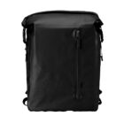 Black waterproof backpack with a minimalist design. Features a front vertical zipper pocket, top roll closure, and side straps for adjustment. Made of durable material, ideal for outdoor activities and travel.