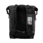 A black backpack with adjustable straps and a padded back. It features a transparent front pocket holding a smartphone, displaying various app icons.