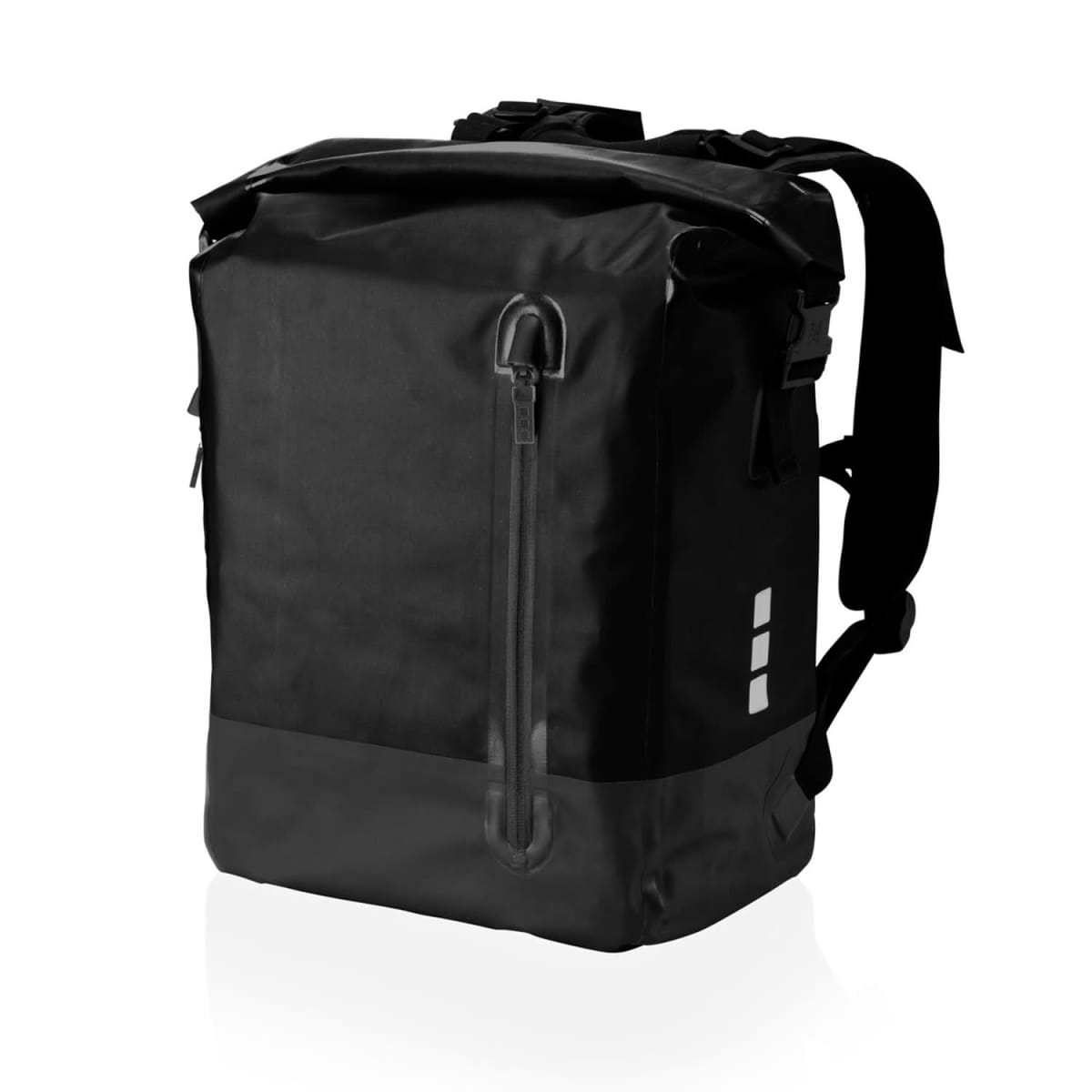 A sleek black backpack with a minimalist design. It features a top roll closure, vertical front zipper pocket, and adjustable shoulder straps. The bag is made of waterproof material with three small reflective squares on the front.