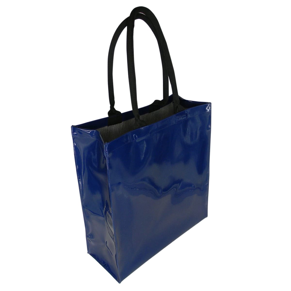 A shiny blue tote bag with black handles sits against a plain background. The bag is open at the top, revealing a dark interior. The material has a glossy finish, giving it a reflective surface.