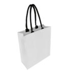 A white tote bag with black handles. The bag has a rectangular shape and appears to be made of a glossy material. It is standing upright with the handles extended upwards.