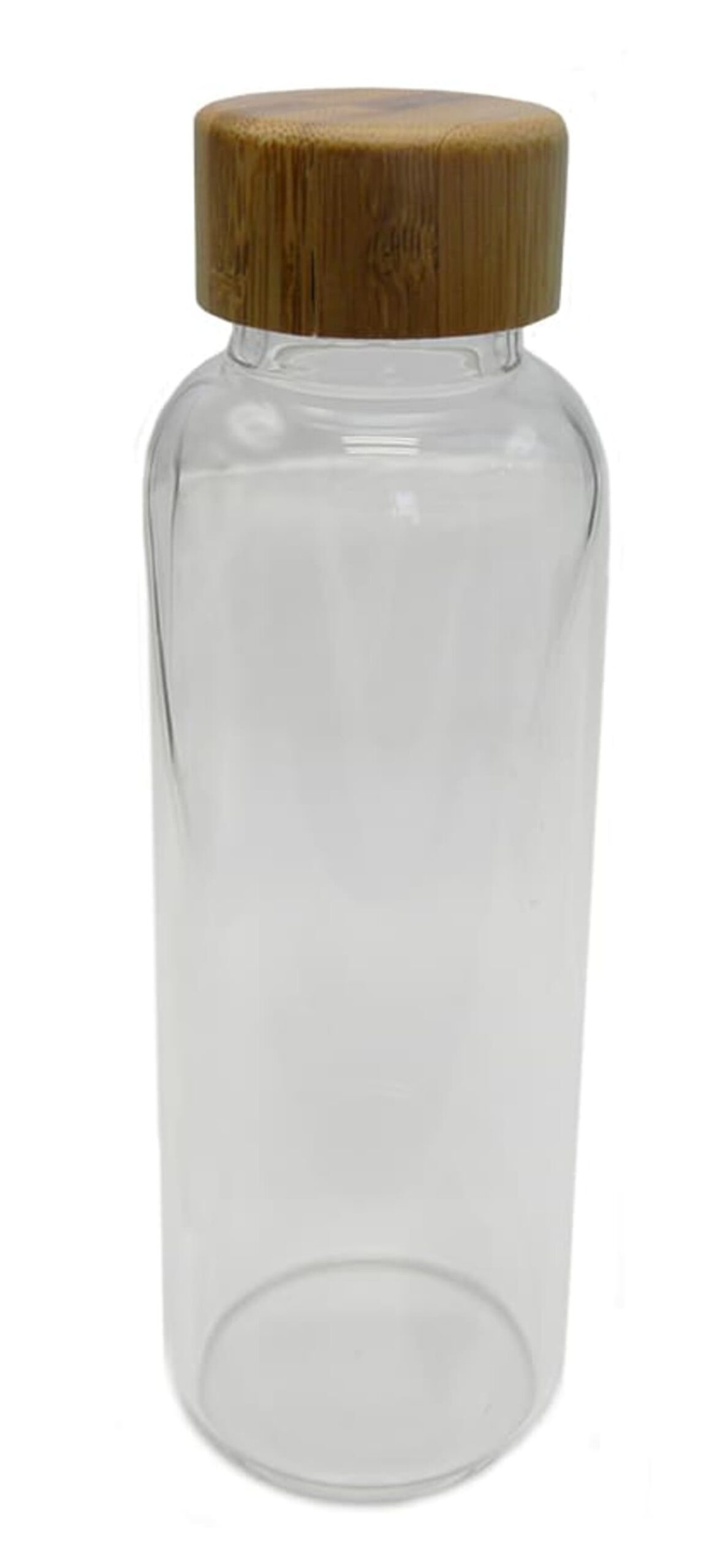 A transparent glass water bottle with a wide cylindrical shape and a smooth finish. It has a flat bamboo lid, creating a natural, eco-friendly aesthetic. The bottle is empty and stands upright against a plain white background.