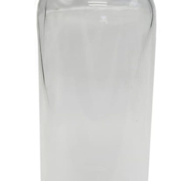 A clear glass bottle with a wide cylindrical shape and a smooth surface. It has a round wooden lid, giving it a natural and minimalist look. The bottle is empty and stands upright against a plain white background.