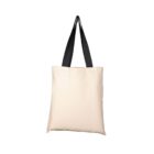 A plain beige tote bag with two long black handles is shown against a white background. The bag has a simple, unadorned design.