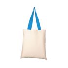 A plain beige tote bag with bright blue handles, shown against a white background.