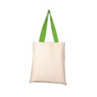 A plain, off-white canvas tote bag with bright green handles is shown against a white background. The bag is upright, with the handles looped at the top.