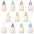 Twelve beige tote bags each with different colored handles, arranged in a grid. The handle colors include black, teal, red, purple, yellow, pink, orange, white, blue, dark green, light green, and a multicolored one with dual stripes.