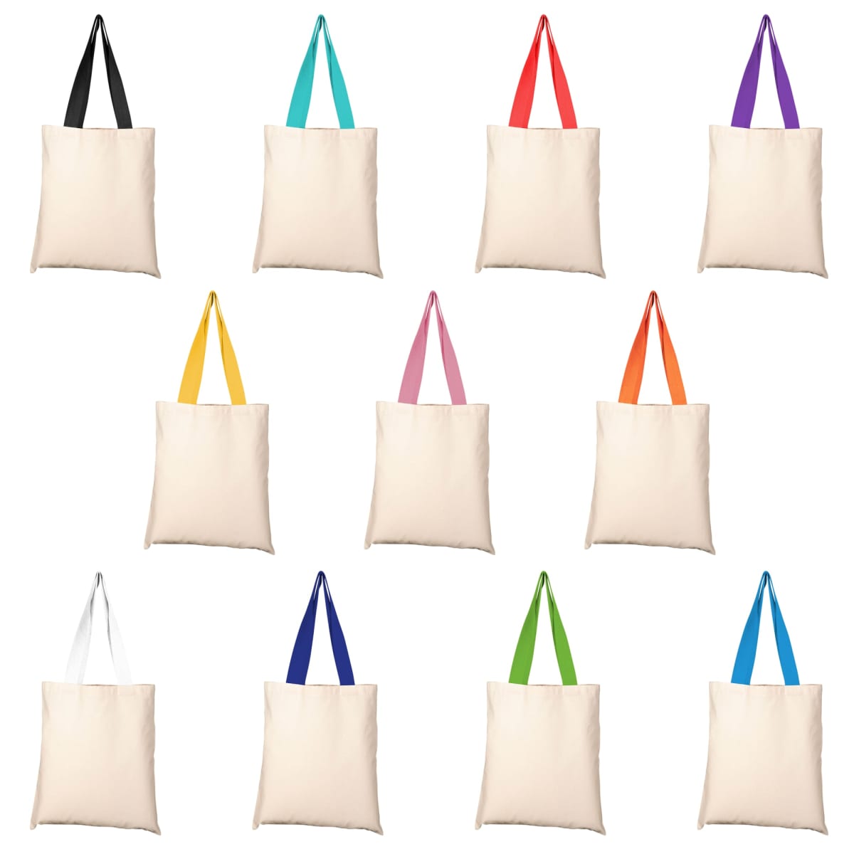 Twelve beige tote bags each with different colored handles, arranged in a grid. The handle colors include black, teal, red, purple, yellow, pink, orange, white, blue, dark green, light green, and a multicolored one with dual stripes.