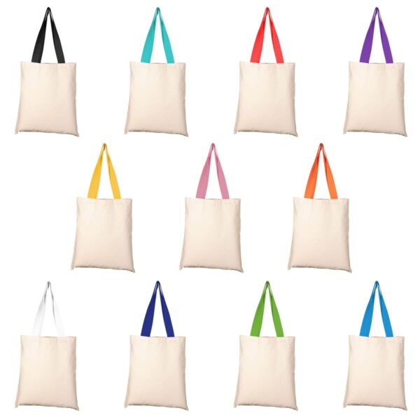 Twelve tote bags arranged in four rows, each with a different colored handle: black, teal, red, purple, yellow, pink, orange, white, blue, navy, green, and lime. All bags are cream-colored.