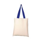 A plain, beige canvas tote bag with dark blue handles. The bag is suspended, showing a simple rectangular shape with clean lines and a solid color.