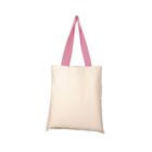 A plain beige tote bag with long pink handles, hanging against a white background.