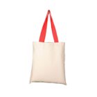 A plain beige tote bag with bright red handles, isolated on a white background.
