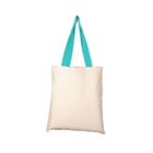 A beige tote bag with bright turquoise handles is displayed against a plain white background. The handles are long, suggesting its designed to be carried over the shoulder. The bag appears simple and unadorned.