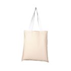 A plain beige tote bag with white handles is displayed against a white background.