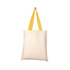 A plain beige tote bag with bright yellow handles, shown against a white background. The bag appears simple and unadorned.