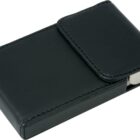 A black leather wallet with a flap cover and metal accents, placed against a white background.