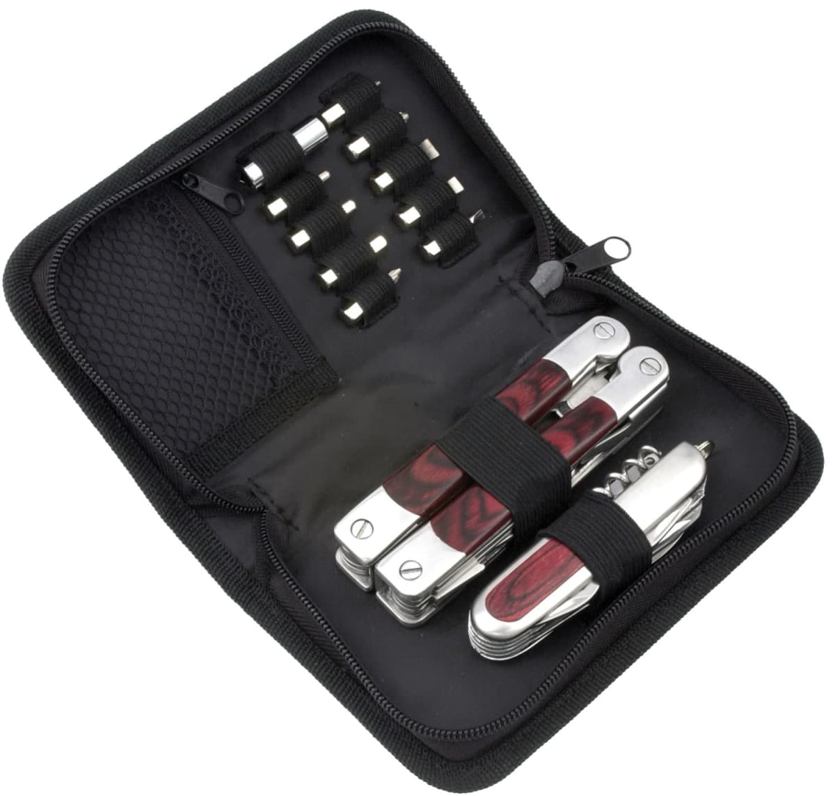 A black zippered case containing a multitool set. The case includes a multitool with wooden grips, interchangeable tool bits in elastic loops, and an additional multitool piece, all organized neatly inside.