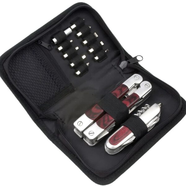 A black zippered pouch containing a multi-tool kit with various tools and screwdriver bits. The kit includes two silver and red multitools and a set of interchangeable bits secured in elastic loops.
