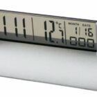 A digital clock with a sleek silver base displaying the time 11:11, temperature 12°C, and date 11/16.