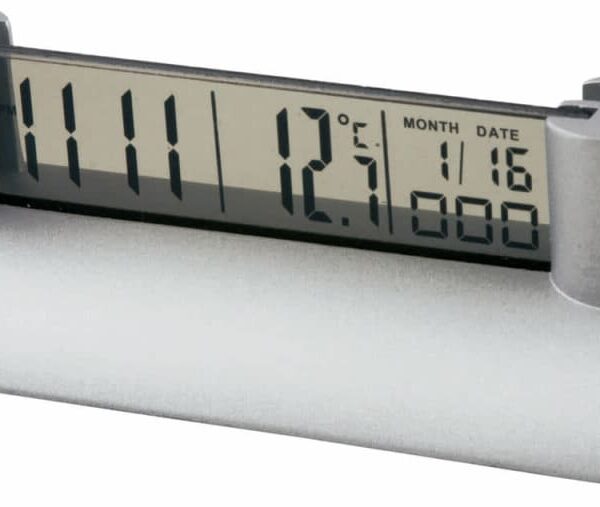 A digital clock with a sleek silver base displaying the time 11:11, temperature 12°C, and date 11/16.
