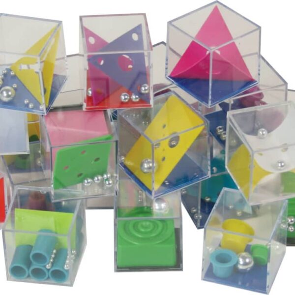 A collection of transparent puzzle cubes, each containing different colorful elements such as balls, shapes, and beads. The cubes are stacked together in a random arrangement.
