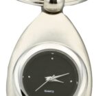 Silver keychain with a black circular quartz watch face in the center, featuring small silver hour markers and hands. The keyring loop is attached at the top. The design is sleek and minimalist.
