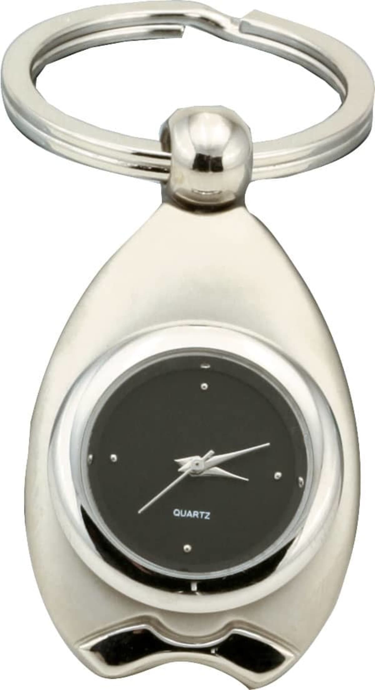 Silver keychain with a black circular quartz watch face in the center, featuring small silver hour markers and hands. The keyring loop is attached at the top. The design is sleek and minimalist.