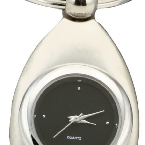 A silver keychain featuring a small, round black quartz clock at its center. The clock has silver hour and minute hands and minimalist hour markers. The design is sleek and metallic, combining functionality and style.