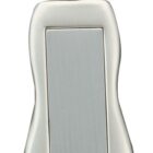 A silver keychain with a rectangular metal plate in the center. The edges are slightly curved, giving it a sleek, modern appearance.