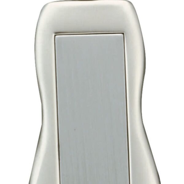 A silver metal keychain with an elongated, wavy rectangular shape. It has a polished border and a brushed metal center. The keyring is attached at the top with a small, round connecting joint.
