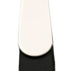 A keychain featuring a silver metal loop attached to a black leather strip. The leather is secured with a silver metal clasp. The design is simple and elegant.