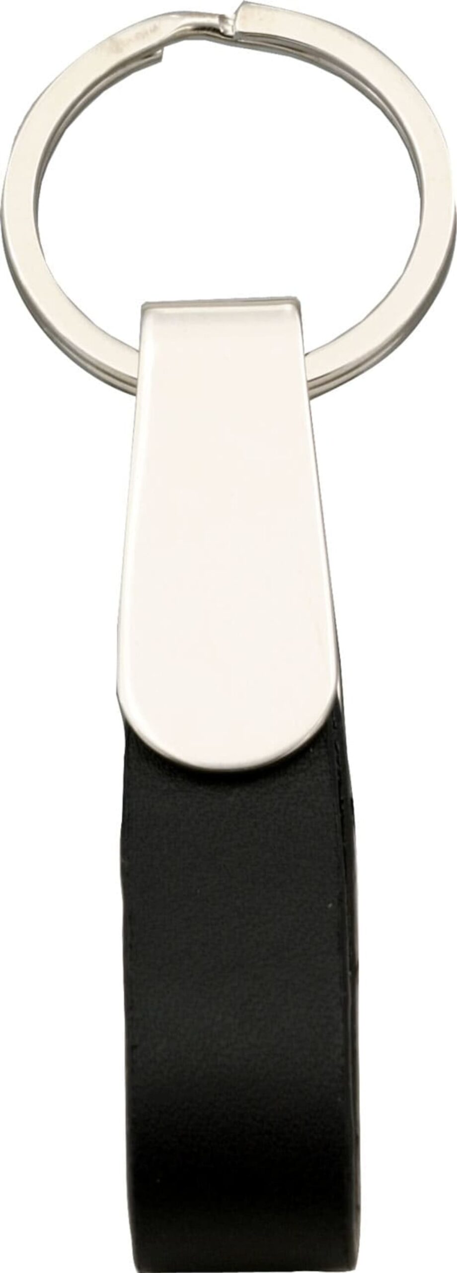 A keychain featuring a silver metal loop attached to a black leather strip. The leather is secured with a silver metal clasp. The design is simple and elegant.