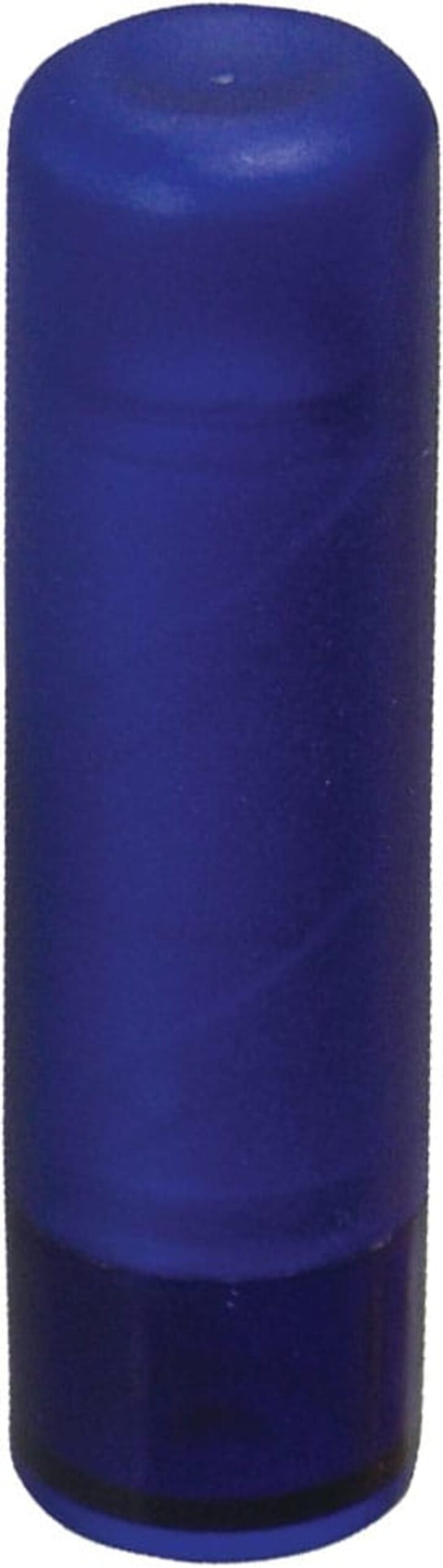 A blue plastic cylindrical object standing upright. It has a smooth, matte finish and uniform color throughout. The object has a slightly rounded top and flat base.