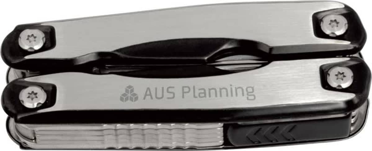 A folded silver multi-tool with the text AUS Planning on its side, featuring multiple tool attachments and a sleek design.