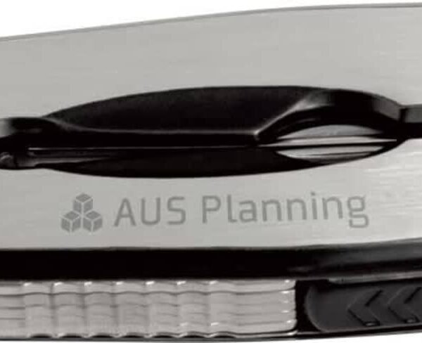 A closed multifunctional pocket tool featuring a sleek metal body. The tool has AUS Planning engraved on it, and shows visible screws at the corners and a textured grip section.