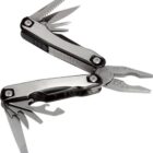 A multi-tool with various extended tools, including pliers, a saw blade, a can opener, a file, and a screwdriver. The tool is made of metal with a silver and black color scheme.