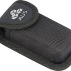 A black fabric pouch with a magnetic flap featuring a hexagonal logo and the letters AUS on top. The pouch is designed to hold small items, possibly a phone or similar device.