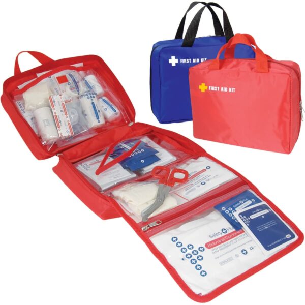 Two first aid kits are shown: one red, opened to display bandages and medical supplies, and one blue, closed. Both kits have carrying handles and First Aid Kit printed in white.