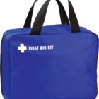 A blue rectangular first aid kit with black handles and a zipper. The kit has a white cross and FIRST AID KIT printed on the front.