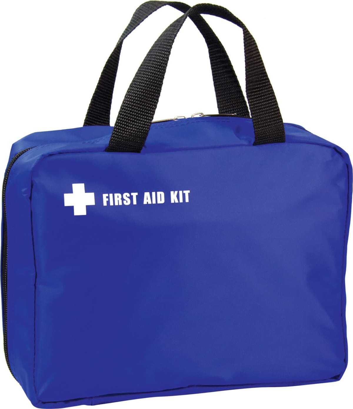 A blue rectangular first aid kit with black handles and a zipper. The kit has a white cross and FIRST AID KIT printed on the front.
