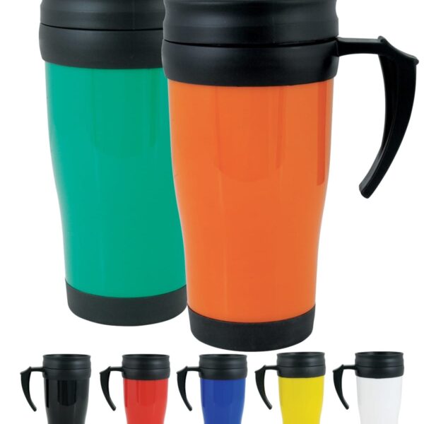 Two travel mugs with handles, one green and one orange, displayed with five smaller images below showing the mugs in red, blue, yellow, black, and white. Each mug has a black lid and base.