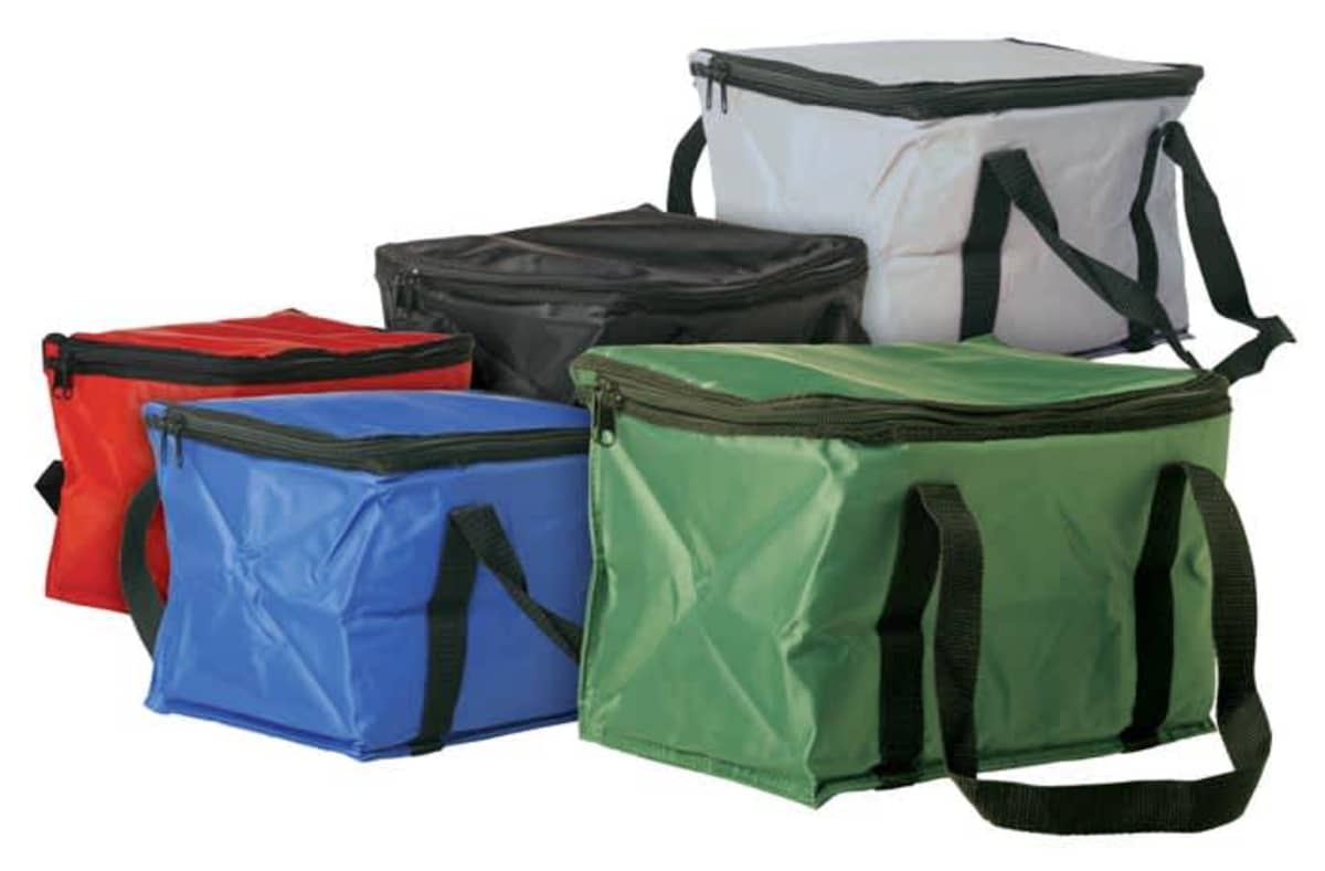Five square-shaped insulated lunch bags are displayed. They come in different colors: red, blue, black, green, and white. Each has a zipped top and black carrying straps.