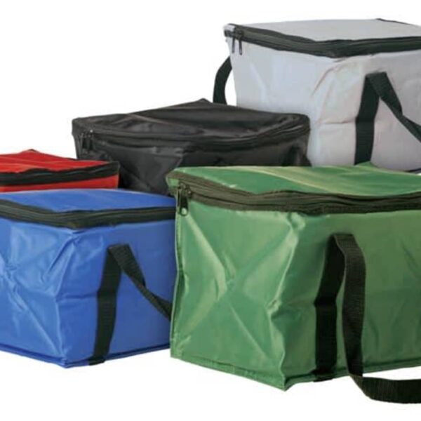 Five insulated cooler bags in green, blue, red, black, and white are displayed. Each has a zippered top and black handles. They are arranged in a staggered formation with some bags slightly in front of others.