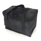 A black insulated lunch bag with a zipper and two handles, sitting on a white background. The bag has a rectangular shape and appears spacious for carrying food items.