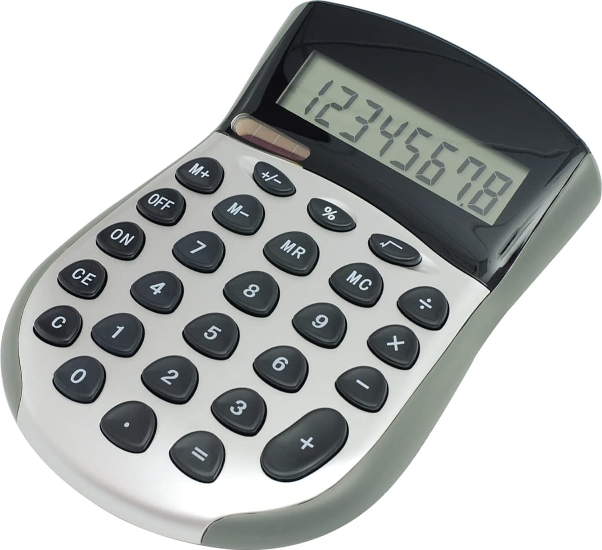 A silver and black electronic calculator with a display showing the numbers 12345678. It features buttons for numbers, basic operations, percentage, memory functions, and an on/off button. The design is curved for ergonomic handling.