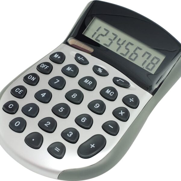 A gray and black calculator with a digital display showing numbers 12345678. It features standard buttons for operations like addition, subtraction, multiplication, and division. The calculator has a modern curved design.