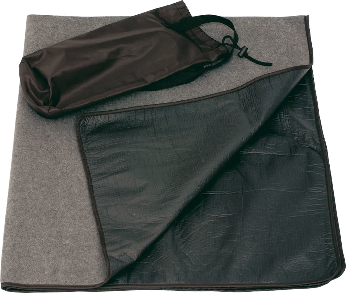 A folded grey and black blanket with a waterproof underside is displayed with a small black drawstring bag placed on top.