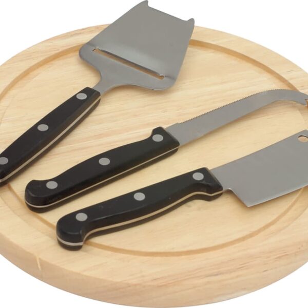 Wooden cheese board with three cheese knives: a slicer, a fork-tipped knife, and a small cleaver. All knives have black handles with metal rivets.